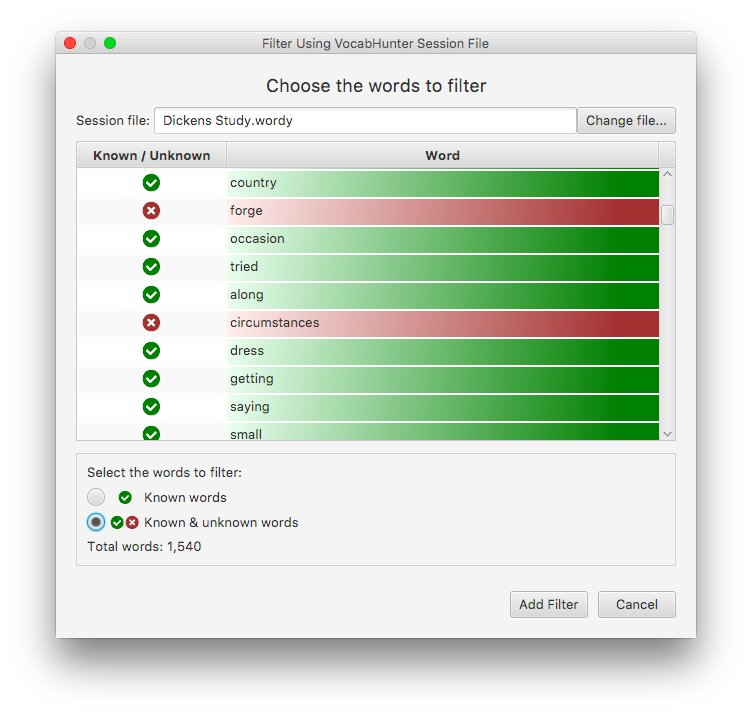 VocabHunter Sesson Filter