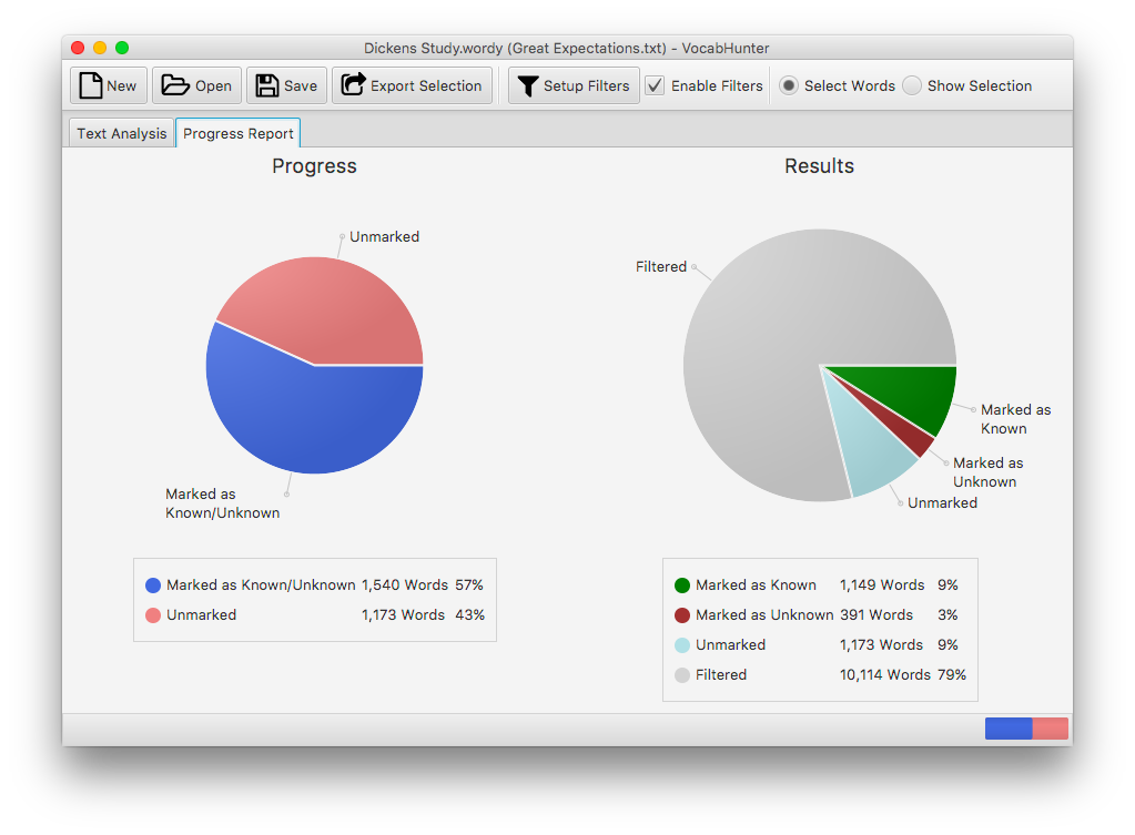 Screenshot of VocabHunter showing the progress report